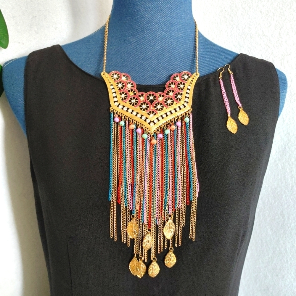 Boho Multi Color Chain Tassel Necklace Earrings Set